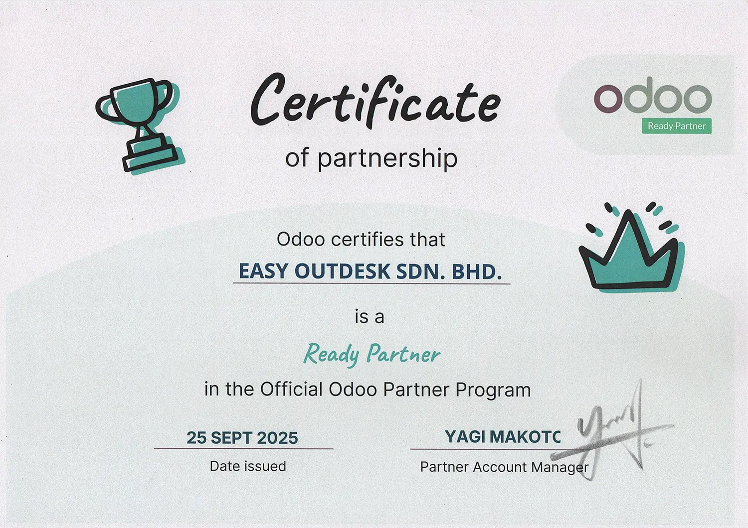 Odoo Ready Partner certificate awarded to Easy Outdesk Sdn. Bhd